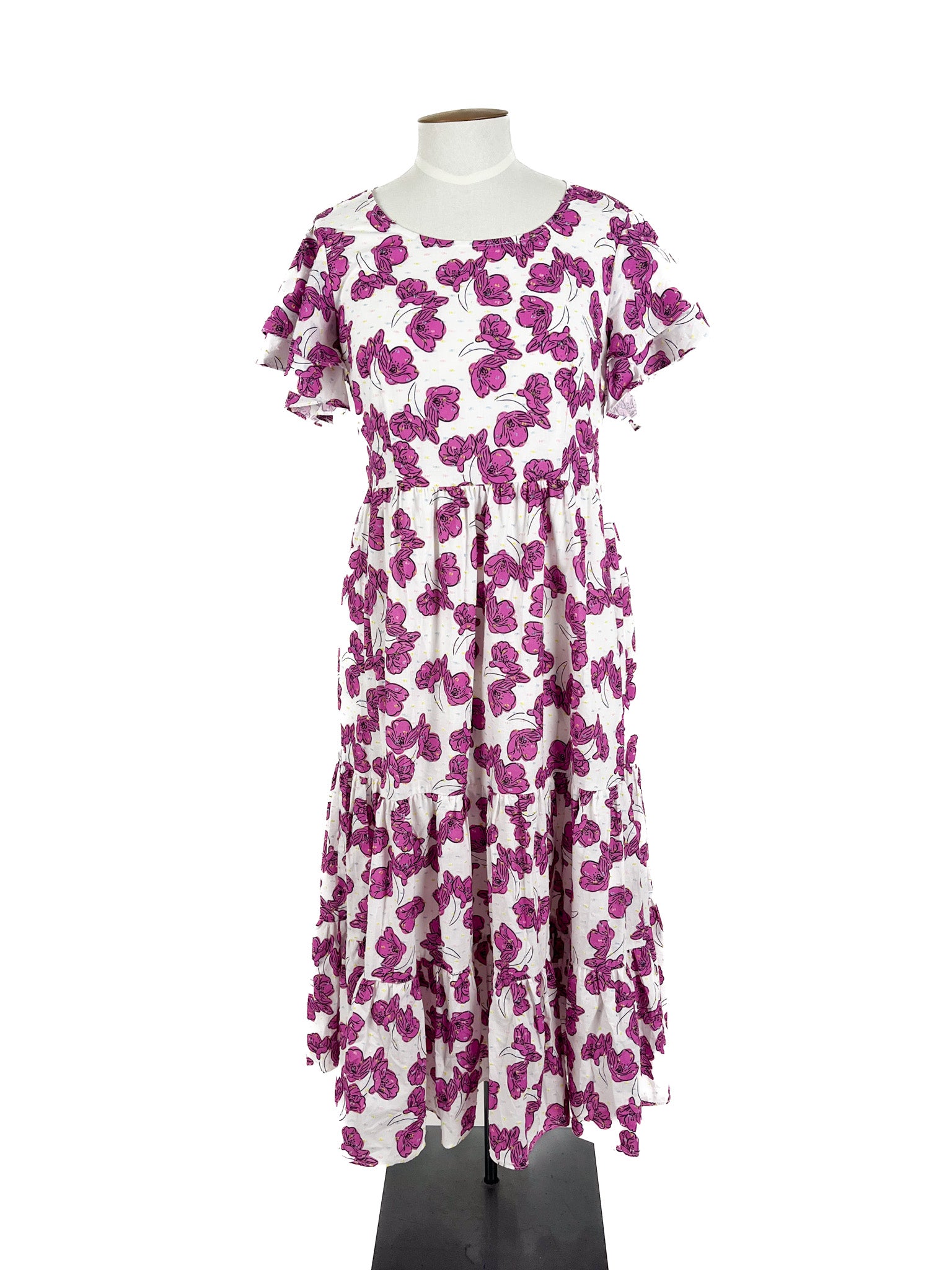 Charlo - White & Pink Midi Dress (Size 12)